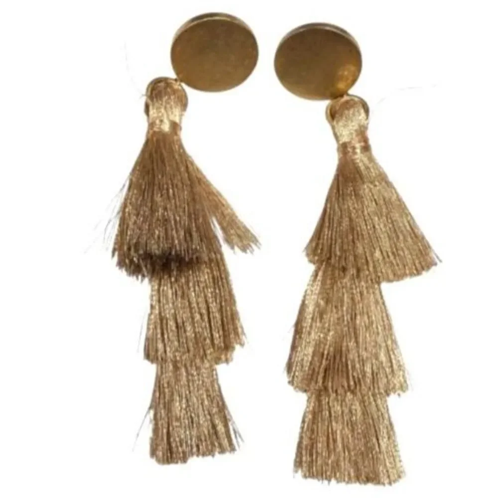 J.Crew Metallic Gold Three Tier Silky Fringe Tassel Post Style Drop Earrings